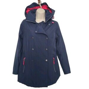 Helly Hansen Women’s Navy Waterproof Rain Trench Coat pink Lining Hooded sz XS